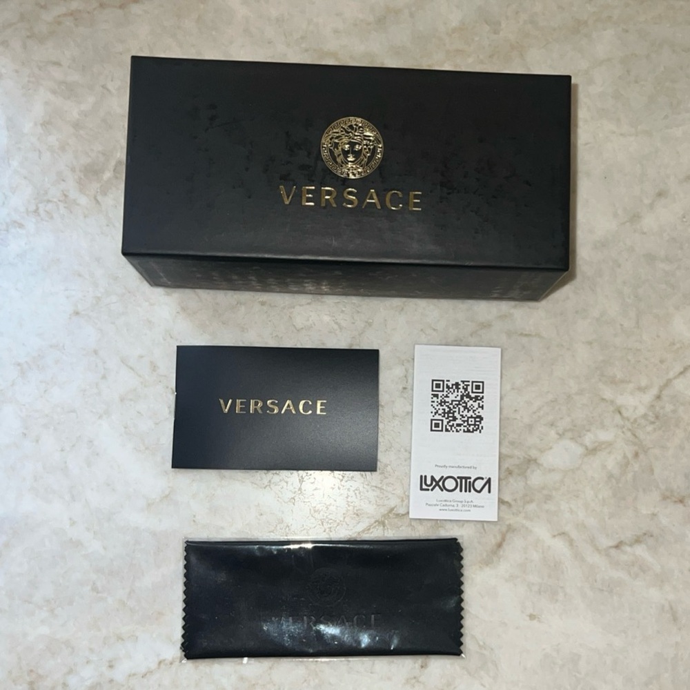 VERSACE Empty Sunglasses 7" x 3" x 3" Storage Box + Booklets & Cleaning Cloth.
